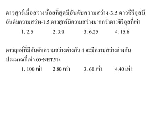 ดาวศุกร์เมื่อสว่างน้อยที่สุดมีอันดับความสว่าง-3.5 ดาวซีรีอุสมี อันดับความสว่าง-1.5 ดาวศุกร์มีความสว่างมากกว่าดาวซีรีอุสกี่เท่า 1. 2.5 2. 3.0 3. 6.25 4. 15.6 ดาวฤกษ์ที่มีอันดับความสว่างต่างกัน 4 จะมีความสว่างต่างกัน ประมาณกี่เท่า (O-NET51) 1. 100 เท่า 2.80 เท่า 3. 60 เท่า 4.40 เท่า  