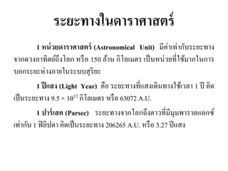 ระยะทางในดาราศาสตร์ 
1 หน่วยดาราศาสตร์ (Astronomical Unit) มีค่าเท่ากับระยะทาง จากดวงอาทิตย์ถึงโลก หรือ 150 ล้าน กิโลเมตร เป็นหน่วยที่ใช้มากในการ บอกระยะห่างภายในระบบสุริยะ 
1 ปีแสง (Light Year) คือ ระยะทางที่แสงเดินทางใช้เวลา 1 ปี คิด เป็นระยะทาง 9.5 × 1012 กิโลเมตร หรือ 63072 A.U. 
1 ปาร์เสค (Parsec) ระยะทางจากโลกถึงดาวที่มีมุมพาราลแลกซ์ เท่ากับ 1 ฟิลิปดา คิดเป็นระยะทาง 206265 A.U. หรือ 3.27 ปีแสง  