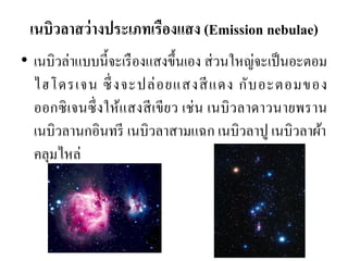 •เนบิวล่าแบบนี้จะเรืองแสงขึ้นเอง ส่วนใหญ่จะเป็นอะตอม ไฮโดรเจน ซึ่งจะปล่อยแสงสีแดง กับอะตอมของ ออกซิเจนซึ่งให้แสงสีเขียว เช่น เนบิวลาดาวนายพราน เนบิวลานกอินทรี เนบิวลาสามแฉก เนบิวลาปู เนบิวลาผ้า คลุมไหล่ 
เนบิวลาสว่างประเภทเรืองแสง (Emission nebulae)  