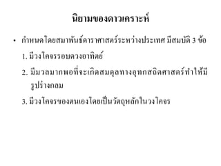 นิยามของดาวเคราะห์ 
•กาหนดโดยสมาพันธ์ดาราศาสตร์ระหว่างประเทศ มีสมบัติ 3 ข้อ 
1. มีวงโคจรรอบดวงอาทิตย์ 
2. มีมวลมากพอที่จะเกิดสมดุลทางอุทกสถิตศาสตร์ทาให้มี รูปร่างกลม 
3. มีวงโคจรของตนเองโดยเป็นวัตถุหลักในวงโคจร  