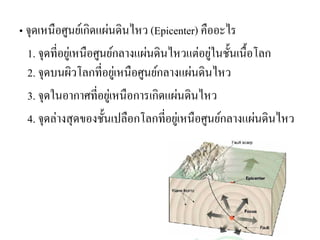 • จุดเหนือศูนย์เกิดแผ่นดินไหว (Epicenter) คืออะไร 
1. จุดที่อยู่เหนือศูนย์กลางแผ่นดินไหวแต่อยู่ในชั้นเนื้อโลก 
2. จุดบนผิวโลกที่อยู่เหนือศูนย์กลางแผ่นดินไหว 
3. จุดในอากาศที่อยู่เหนือการเกิดแผ่นดินไหว 
4. จุดล่างสุดของชั้นเปลือกโลกที่อยู่เหนือศูนย์กลางแผ่นดินไหว 
 