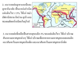 2. แนวรอยต่อภูเขาแอลป์และ ภูเขาหิมาลัย เป็นแหล่งกาเนิด แผ่นดินไหว 15% ได้แก่ พม่า อัฟกานิสถาน อิหร่าน ตุรกี แถบ ทะเลเมดิเตอร์เรเนียนในยุโรป 
3. แนวรอยต่อที่เหลือเป็นสาเหตุของอีก 5% ของแผ่นดินไหว ได้แก่ บริเวณ สันกลางมหาสมุทรต่างๆ ได้แก่ บริเวณเทือกเขากลางมหาสมุทรแอตแลนติก แนวสันเขาในมหาสมุทรอินเดีย และแนวสันเขาในมหาสมุทรอาร์กติก  