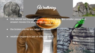 Weathering
● this natural tool break down rocks and turn them into smaller pieces and
erosion moves it to another location in the earth
● the broken pieces are called sediment
● weather happens in lots of different ways
 