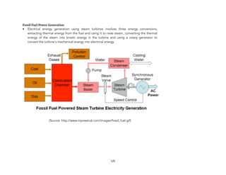 Fossil Fuel Power Generation
• Electrical energy generation using steam turbines involves three energy conversions,
extracting thermal energy from the fuel and using it to raise steam, converting the thermal
energy of the steam into kinetic energy in the turbine and using a rotary generator to
convert the turbine's mechanical energy into electrical energy.
(Source: http://www.mpoweruk.com/images/fossil_fuel.gif)
125
 
