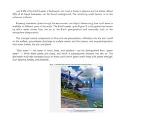! Just 2.5% of the Earth’s water is freshwater, and most is frozen in glaciers and ice sheets. About
96% of all liquid freshwater can be found underground. The remaining small fraction is on the
surface or in the air. 
 
Knowing how water cycles through the environment can help in determining how much water is
available in different parts of the world. The Earth’s water cycle (Figure 2) is the global mechanism
by which water moves from the air to the Earth (precipitation) and eventually back to the
atmosphere (evaporation). 
 
! The principal natural components of this cycle are precipitation, infiltration into the soil, runoff
on the surface, groundwater discharge to surface waters and the oceans, and evapotranspiration
from water bodies, the soil, and plants. 
 
“Blue water”— the water in rivers, lakes, and aquifers— can be distinguished from “green
water” — which feeds plants and crops, and which is subsequently released into the air. This
distinction may help managers focus on those areas which green water feeds and passes through,
such as farms, forests, and wetlands.
156
 