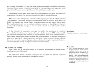arid climates, and between 25% and 40% of the world’s drinking water comes from underground.
Hundreds of cities around the world, including half of the very largest, make significant use of
groundwater. This water can be especially useful during shortages of surface water. 
 
Groundwater aquifers vary in terms of how much water they hold, their depth, and how quickly
they replenish themselves. The variations also depend on specific geological features. 
 
Much of the water underground is replenished either very slowly or not at all, and is thus termed
“non-renewable”. The largest aquifers of non-renewable water are found in North Africa, the
Middle East, Australia, and Siberia. There is some debate about how and when to use this water.
Many aquifers that contain non-renewable groundwater resources are shared by more than one
country and need to be managed in common for the benefit of all administrative entities
concerned. 
 
If the infiltration of precipitation recharges the aquifer, the groundwater is considered
“renewable” and can be used for irrigation, domestic and other purposes. While most renewable
groundwater is of a high quality and does not require treatment, it should be analysed before it is
used to avoid possible health impacts. However, few countries measure the quality of underground
water or the rate at which it is being withdrawn. Monitoring is being improved in Europe and India,
but remains minimal in many developing countries, and is deteriorating in many industrialised ones.
This makes it hard to manage underground water resources sustainably.
PRACTICE (10 MINS)
Give a short quiz on the topics covered in the previous lecture session to gauge learners'
knowledge retention. (10 minutes)  
 
Fill in the blanks. Handout the water cycle digram and have them write the cycle component
words or phrases on the blank boxes to complete the diagram. 
159
Teacher tip
This will be delivered as a straight lecture.
Teacher tip
• This is formative assessment to monitor
student learning to provide ongoing
feedback that you can use as an
instructor to improve your teaching and
by the students to improve their
learning. It helps students identify their
strengths and weaknesses and target
areas that need work and helps faculty
recognize where students are
struggling and address problems
immediately.
 