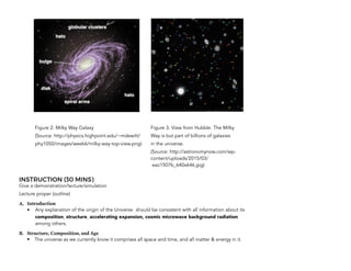 Figure 2: Milky Way Galaxy Figure 3: View from Hubble. The Milky
(Source: http://physics.highpoint.edu/~mdewitt/ Way is but part of billions of galaxies
phy1050/images/week6/milky-way-top-view.png) in the universe.
(Source: http://astronomynow.com/wp-
content/uploads/2015/03/
eso1507b_640x646.jpg)
INSTRUCTION (30 MINS)
Give a demonstration/lecture/simulation
Lecture proper (outline)
A. Introduction
• Any explanation of the origin of the Universe should be consistent with all information about its
composition, structure, accelerating expansion, cosmic microwave background radiation
among others.
B. Structure, Composition, and Age
• The universe as we currently know it comprises all space and time, and all matter & energy in it. 
 