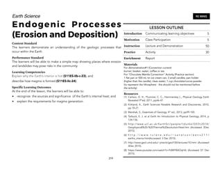 Earth Science
Endogenic Processes
(Erosion and Deposition)
Content Standard
The learners demonstrate an understanding of the geologic processes that
occur within the Earth
Performance Standard
The learners will be able to make a simple map showing places where erosion
and landslides may pose risks in the community.
Learning Competencies
Explain why the Earth’s interior is hot (S11ES-IIb-c-23), and
describe how magma is formed (S11ES-IIc-24).
Specific Learning Outcomes
At the end of the lesson, the learners will be able to:
• recognize the sources and significance of the Earth's internal heat; and
• explain the requirements for magma generation.
219
90 MINS
LESSON OUTLINE
Introduction Communicating learning objectives 5
Motivation Class Participation 5
Instruction Lecture and Demonstration 50
Practice Activity 30
Enrichment Report
Materials
For demonstration#1 (Convection current)
burner; beaker; water; coffee or tea
For “Chocolate Mantle Convection” Activity (Practice section)
1 flat pan or 500 mL tin ice cream can; 3 small candles; pan holder
(higher than the candle); clean water; 1 cup chocolate/cocoa powder
(to represent the lithosphere - this should not be mentioned before
the activity)
Resources
(1) Carlson, D. H., Plummer, C. C., Hammersley L., Physical Geology Earth
Revealed 9th
ed, 2011, pp46-47.
(2) Kirkland, K., Earth Sciences Notable Research and Discoveries, 2010,
pp 18-21.
(3) Marshak, S., Essentials of Geology, 4th
ed., 2013, pp99-100.
(4) Tarbuck, E. J. et al Earth An Introduction to Physical Geology, 2014, p
134-136.
(5) http://www.ucl.ac.uk/EarthSci/people/lidunka/GEOL2014/
Geophysics8%20-%20Thermal%20evolution/Heat.htm (Accessed 3Dec
2015).
(6) h t t p : / / w w w . t u l a n e . e d u / ~ s a n e l s o n / e e n s 2 1 1 /
earths_interior.htm(Accessed: 3 Dec 2015).
(7) http://www.geol.umd.edu/~jmerck/geol100/lectures/10.html (Accessed
3Dec 2015).
(8) https://www.youtube.com/watch?v=PdWYBAOqHrk (Accessed 07 Dec
2015).
 