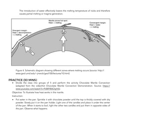 The introduction of water effectively lowers the melting temperature of rocks and therefore
causes partial melting or magma generation.
Figure 4. Schematic diagram showing different zones where melting occurs (source: http://
www.geol.umd.edu/~jmerck/geol100/lectures/10.html)
PRACTICE (30 MINS)
• Divide the class into groups of 5 and perform the activity Chocolate Mantle Convection
(adapted from the videoHot Chocolate Mantle Convection Demonstration. Source: https://
www.youtube.com/watch?v=PdWYBAOqHrk).
Objective: To illustrate how heat works in the mantle.
Instruction:
• Put water in the pan. Sprinkle it with chocolate powder until the top is thickly covered with dry
powder. Slowly put it on the pan holder. Light one of the candles and place it under the center
of the pan. When it starts to boil, light the other two candles and put them in opposite sides of
the pan. Observe what happens.
226
 