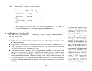 Table 1. Different factors that affect magma’s viscosity.
!
- Mafic magma is less viscous than silicic (felsic) magma because it is hotter and
contains less silica. Also, the volatiles in magma decreases viscosity.
B. Introduce the Bowen’s reaction series
(Fig. 3.)(Carlson, D. H., Plummer, C. C., Hammersley L., Physical Geology Earth Revealed 9th
ed., 2011, pp289-290).
• Certain minerals are stable at higher melting temperature and crystallize before those stable
at lower temperatures.
• Crystallization in the continuous and discontinuous branches takes place at the same time.
• Continuous branch: contains only plagioclase feldspar, with composition changing from
calcium-rich to sodium rich as temperature drops.
• Discontinuous branch describes how ferromagnesian minerals in the magma are
transformed as temperature changes. The early formed crystals, olivine in this case, reacts
with the remaining melt as the magma cools down, and recrystallizes into pyroxene. Further
cooling will transform pyroxene into amphibole. If all of the iron and magnesium in the melt
is used up before all of the pyroxene recrystallizes to amphibole, then the ferromagnesian
minerals in the solid rock would be amphibole and pyroxene and would not contain olivine
or biotite.
235
Factor Effect to Viscosity
↑ temperature ↓ viscosity
↑ Silica content
(SiO2)
↑ viscosity
↑ dissolved water
(H2O)
↓ viscosity
• To introduce the Bowen’s reaction
series, convey the anecdote on how the
proponent NormanL. Bowen came up
with the Bowen’s reaction series. The
teacher can refer to this excerpt :
• Norman L. Bowen explained why
certain minerals tend to occur together
while others are almost never
associated with one another. In the
early 1900s, he heated powdered rock
material until it melted. He allowed the
molten material to cool down and
observed the minerals that formed in
the rocks. He repeated this process
with progressively lower temperatures
and the results he got led him to the
now called Bowen’s reaction series.Up
to this day, the series is still accepted as
the idealized progression of minerals
produced by cooling magma. Based
upon his work, one can infer from the
minerals present in a rock the
conditions (temperature and pressure)
under which the rock had formed.
 