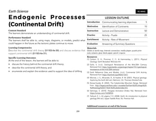 Earth Science
Endogenic Processes
(Continental Drift)
Content Standard
The learners demonstrate an understanding of continental drift.
Performance Standard
The learners shall be able to, using maps, diagrams, or models, predict what
could happen in the future as the tectonic plates continue to move.
Learning Competencies
Describe the continental drift theory (S11ES-IIe-30) and discuss evidence that
support continental drift (S11ES-IIe-31).
Specific Learning Outcomes
At the end of the lesson, the learners will be able to:
• discuss the history behind the continental drift theory;
• describe the continental drift theory; and
• enumerate and explain the evidence used to support the idea of drifting
259
90 MINS
LESSON OUTLINE
Introduction Communicating learning objectives 5
Motivation Identification of Continents 10
Instruction Lecture and Demonstration 50
Practice Activity - Puzzle 25
Enrichment Activity - Rate of Movement
Evaluation Answering of Summary Questions
Materials
Globe or world map; Internet connection; media player; puzzle print-
outs; scissors; glue; blank paper; pencil; crayons
Resources
(1) Carlson,  D.  H., Plummer,  C.  C., & Hammersley,  L. (2011).  Physical
Geology: Earth Revealed. McGraw-Hill.
(2) Earle,  S. (n.d.). Geological Renaissance of the Mid-20th Century.
Retrieved from https://opentextbc.ca/geology/chapter/10-3-geological-
renaissance-of-the-mid-20th-century/
(3) Earth Reference Data and Models. (n.d.). Continental Drift Activity.
Retrieved from https://Earthref.org/ERDA/1541/
(4) Monroe, J. S., Wicander, R., & Hazlett, R. W. (2007). Physical geology:
Exploring the Earth (6th ed.). Belmont, CA: Thomson Brooks/Cole.
(5) Roose-Snyder, B. (2002). The Caledonides Mountain Range. Retrieved
from http://legacy.earlham.edu/~roosebe/Earlham%20College%20-
%20Geology%20211%20-%20Caledonides.htm.
(6) Salmingo,  E. (2010).  Pangaea Animation  [Video file]. Retrieved from
https://vimeo.com/14258924.
(7) Tarbuck, E. J., & Lutgens, F. K. (2008). Earth: An introduction to physical
geology (9th ed.). Upper Saddle River, NJ: Prentice Hall.
Additional resources at end of the lesson.
 