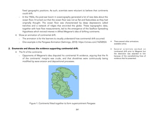 fixed geographic positions. As such, scientists were reluctant to believe that continents
could drift.
- In the 1960s, the post-war boom in oceanography generated a lot of new data about the
ocean floor. It turned out that the ocean floor was not as flat and featureless as they had
originally thought. The ocean floor was characterized by deep depressions called
trenches and a network of ridges that encircled the globe. These topographic data,
together with heat flow measurements, led to the emergence of the Seafloor Spreading
Hypothesis which revived interest in Alfred Wegener’s idea of drifting continents.
• Show an animation of continental drift.
- The animation is for the learners to visually understand how continental drift occurred.
- One example is the Pangaea Animation (Salmingo, 2010): https://vimeo.com/14258924
2. Enumerate and discuss the evidence supporting continental drift.
• The fit of the continents
- Opponents of Wegener’s idea disputed his continental fit evidence, arguing that the fit
of the continents’ margins was crude, and that shorelines were continuously being
modified by wave erosion and depositional processes.
Figure 1: Continents fitted together to form supercontinent Pangaea
261
• There several other animations
available online.
• S e v e r a l s c i e n t i s t s w o r k e d o n
continental drift prior to Wegener but
the distinction was awarded to him
because of the overwhelming lines of
evidence that he presented.
 