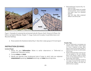 Figure 1. Examples of unstrained (a) and strained rocks (b). (Source: Earth: Portrait of A Planet, 3rd
Edition, by Stephen Marshak. Chapter 11: Crags, Cracks and Crumples: Crustal Deformation and
Mountain Building)
2. Show students the illustrations below (Fig.1). Have them create groups of 3-4 and report:
INSTRUCTION (35 MINS)
Lecture Proper
1. Define the term Deformation. Relate to earlier observations in “Deformed vs
Undeformed” Motivation activity
2. Contrast stress and strain.
3. Identify and describe three fundamental kinds of stress to which rocks are subjected:
compressional (squeezing), tensional (stretching), and shear (wrenching) stress.
275
• “Deformed/strained” sequence (Fig. 1.b)
- Layers are tilted
- Rocks are highly folded and possibly
metamorphosed (sand->quartzite,
clay->slate); grains are squashed/
distorted
- Fault with large offset juxtaposed
different rocks side by side
Teacher Tips
• The term deformation encompasses any
change in shape, position, and/or volume
of a rock in response to stress. When
layers of rocks are found tilted, folded, or
displaced, this indicates that deformation
has occurred.
• Explain briefly that Stress is the force per
unit area applied on the rock, whereas,
Strain is the change in shape or volume
of the rock that experienced stress. Thus,
Stress=cause, Strain=Effect
• Point out that the magnitude of stress is
not simply a function of the amount of
stress but also relates to the area over
which the force is applied.
 