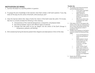 MOTIVATION (20 MINS)
1. Connect the lesson to a real-life problem or question.
2. To gauge the prior knowledge of the learners, have them answer a bell work question: if you dig
down all the way into the center of the Earth, what would you see?
3. Have the learners sketch their ideas of what the interior of the Earth looks like within 10 minutes.
Ask them to include and label the following in their drawing:
• Characteristics of the materials (temperature, composition, and physical state)
• Boundaries between regions with different types of materials
• Changes that take place as you go deeper into the center of the Earth (change in
temperature, pressure, and density)
4. Elicit answers by having the learners present their diagrams and descriptions in front of the class.
284
Teacher tip
• The teacher may prompt the learners
with the following questions:
o Is the inside of the Earth
completely solid?
o What materials or
substances are could be
present in the interior of
the Earth?
o What do you think is the
temperature like inside
the Earth?
• If the class is more on the passive side,
division of the class into small groups of
two or three may facilitate sharing. Call
on two or three groups to share if
pressed for time.
• Possible misconceptions on the Earth’s
structure include the following (Kirkby,
2008):
o Crust and lithosphere (or
plates) are synonymous
terms
o Asthenosphere is liquid
(most learners are only
familiar with liquid
convection, not solid
convection)
o Lower mantle is liquid
o Earth’s core is hollow or
large hollow spaces occur
deep within the Earth (a
mainstay of popular
literature and Hollywood
movies)
• Explain why the abovementioned
misconceptions are false.
 
