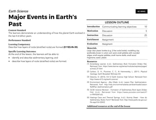 Earth Science
Major Events in Earth’s
Past
Content Standard
The learners demonstrate an understanding of how the planet Earth evolved in
the last 4.6 billion years.
Performance Standard
Learning Competency
Describe how layers of rocks (stratified rocks) are formed (S11ES-IIh-35).
Specific Learning Outcomes
At the end of the lesson, the learners will be able to:
• identify and describe sedimentary layering; and
• describe how layers of rocks (stratified rocks) are formed.
302
LESSON OUTLINE
Introduction Communicating learning objectives 10
Motivation Discussion 5
Instruction Discussion 25
Enrichment Assignment
Evaluation Assigment
Materials
Large clear plastic bottles (e.g. 2-liter soda bottle); modelling clay
(preferably brown in color); soil; sand; small pebbles with rounded
edges; small angular pebbles; small marine shells; small wood
fragments; water; plastic
Resources
(1) Annenberg Learner. (n.d.).  Sedimentary Rock Formation  [Video file].
Retrieved from https://www.learner.org/series/modules/express/pages/
scimod_07.html
(2) Carlson,  D.  H., Plummer,  C.  C., & Hammersley,  L. (2011).  Physical
Geology: Earth Revealed. McGraw-Hill.
(3) Desonie, D. (2015). CK-12 Earth Science High School. Retrieved from
http://www.ck12.org/earth-science/
(4) Environment Agency - Abu Dhabi. (n.d.). Lesson Plan: Sedimentation.
Retrieved from http://edu.environmentalatlas.ae/downloads/Lesson
%20Plan_Sedimentation.pdf
(5) GCSE Science Revision - Formation of Sedimentary Rock layers [Video
file]. (n.d.). Retrieved from https://www.youtube.com/watch?
v=Yf4YtDlA1oQ
(6) Hastings Cave and Thermal Springs. (n.d.). Activity Sheet - How do
Sedimentary Rocks Form? Retrieved from http://www.parks.tas.gov.au/
file.aspx?id=30422
Additional resources at the end of the lesson
40 MINS
 