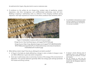 do sediments form layers, they also tend to cover an extensive area.
3. If conditions on the surface do not change (e.g. constant rates of weathering, erosion,
deposition), only thick, homogenous, and undifferentiated sedimentary rocks will form.
Bedding or layering in sedimentary rocks is a reflection of the changing conditions during
deposition. Each layer represents an interval of time where conditions have remained uniform.
Figure 4: Interbedded mudstone (left) and limestone (right).
(Image Source: http://earthwise.bgs.ac.uk/images/f/fe/P219226.jpg)
(Image Source: (http://imgc.allpostersimages.com/images/P-473-488-90/64/6455/
MFJH100Z/posters/gerald-buff-corsi-tilted-sedimentary-rock-strata-of-sandstone-
interbedded-with-mudstone.jpg)
4. What defines a bed or layer? How do you distinguish one bed to another?
• In Figure 4, the beds are clearly defined by a change in color or shade. A change in color
can reflect differences in grain size and/or composition.
• Grain size in sedimentary rocks is commonly a function of the energy of the environment of
deposition. Fine grained sediments generally reflect low energy quiet settings (protected
from waves and strong currents).
307
• It is preferable to show learners an actual
outcrop or exposure of the sedimentary
rock with obvious layering. Use Figure 4
if no outcrop is accessible.
• A change in climate influences rates of
weathering (dry vs. wet conditions), as
well as rates and mechanism of erosion
and transport.
• Ask the learners to recall how the
atmosphere, hydrosphere, and biosphere
interact with the lithosphere (lesson on
Earth system).
 