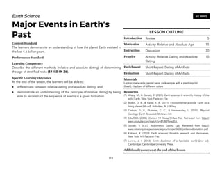 Earth Science
Major Events in Earth’s
Past
Content Standard
The learners demonstrate an understanding of how the planet Earth evolved in
the last 4.6 billion years.
Performance Standard
Learning Competency
Describe the different methods (relative and absolute dating) of determining
the age of stratified rocks (S11ES-IIh-36).
Specific Learning Outcomes
At the end of the lesson, the learners will be able to:
• differentiate between relative dating and absolute dating; and
• demonstrate an understanding of the principle of relative dating by being
able to reconstruct the sequence of events in a given formation.
313
LESSON OUTLINE
Introduction Review 5
Motivation Activity: Relative and Absolute Age 15
Instruction Discussion 30
Practice Activity: Relative Dating and Absolute
Dating
10
Enrichment Short Report: Dating of Artifacts
Evaluation Short Report: Dating of Artifacts
Materials
Laptop; metacards; pentel pens; rock sample with a plant imprint
(fossil); clay bars of different colors
Resources
(1) Allaby, M., & Garratt, R. (2009). Earth science: A scientific history of the
solid Earth. New York: Facts on File.
(2) Botkin, D. B., & Keller, E. A. (2011). Environmental science: Earth as a
living planet (8th ed). Hoboken, N.J: Wiley.
(3) Carlson,  D.  H., Plummer,  C.  C., & Hammersley,  L. (2011).  Physical
Geology: Earth Revealed. McGraw-Hill.
(4) Edu2000. (2008). Carbon 14 Decay [Video file]. Retrieved from http://
www.youtube.com/watch?v=81dWTeregEA.
(5) Jordan,  V. (n.d.). Radiometric Dating Lab. Retrieved from http://
www.nsta.org/images/news/legacy/scope/0604/jordanradiometrics.pdf.
(6) Kirkland,  K. (2010).  Earth sciences: Notable research and discoveries.
New York, NY: Facts on File.
(7) Lunine, J. I. (2013).  Earth: Evolution of a habitable world (2nd ed).
Cambridge: Cambridge University Press.
Additional resources at the end of the lesson
60 MINS
 