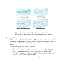Figure 7: Types of Unconformities. (Image Source: https://s-media-cache-
ak0.pinimg.com/564x/7f/9e/ca/7f9eca0770d4b6f0e8cd457454173a77.jpg)
2. Absolute Dating
• With the discovery of radioactivity in the late 1800s, scientists were able to measure the
absolute age or the exact age of some rocks in years. Absolute dating allows scientists to
assign numbers to the breaks in the geologic time scale and get an absolute age of a rock
or fossil.
• Methods used in the absolute dating of rock layers:
- Radiocarbon Dating
✤ This is used to find the age of once living materials between 100 and 50,000 years
old. It is usually used to determine ages of human fossils and habitation sites.
✤ A video of carbon-14 decay is available here (Edu2000, 2008): http://
www.youtube.com/watch?v=81dWTeregEA
321
 