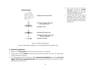 Figure 3. Nebular Hypothesis.
(Source: http://abyss.uoregon.edu/~js/images/nebular_hypothesis.gif)
2. Encounter Hypotheses:
• Buffon’s (1749) Sun-comet encounter that sent matter to form planet;
• James Jeans’ (1917) sun-star encounter that would have drawn from the sun matter that
would condense to planets,
• T.C. Chamberlain and F. R. Moulton’s (1904) planetesimal hypothesis involving a star much
bigger than the Sun passing by the Sun and draws gaseous filaments from both out which
planetisimals were formed;
31
• T h e c o m m o n t h e m e o f t h e s e
hypotheses involves an unlikely
encounter between the Sun and
another celestial body (e.g. comet, star,
protoplanet, interstellar cloud);
• The two major flaws of this type of
hypothesis include: 1) fails to explain
how planets are formed (hot gas from
the sun/star expands and will not form
planets); 2) this type of encounters are
extremely rare
 