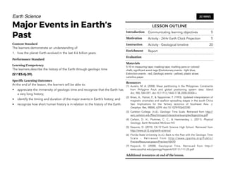 Earth Science
Major Events in Earth’s
Past
Content Standard
The learners demonstrate an understanding of
1. how the planet Earth evolved in the last 4.6 billion years.
Performance Standard
Learning Competency
The learners describe the history of the Earth through geologic time
(S11ES-IIj-39).
Specific Learning Outcomes
At the end of the lesson, the learners will be able to:
• appreciate the immensity of geologic time and recognize that the Earth has
a very long history;
• identify the timing and duration of the major events in Earth’s history; and
• recognize how short human history is in relation to the history of the Earth.
340
LESSON OUTLINE
Introduction Communicating learning objectives 5
Motivation Activity - 24-hr Earth Clock Projection 5
Instruction Activity - Geological timeline 20
Enrichment Report
Evaluation
Materials
5-10 m measuring tape; masking tape; marking pens or colored
chalk; significant event tags (Evolutionary events - light blue,
Extinction events - red, Geologic events - yellow); plastic straw;
cartolina paper
Resources
(1) Aurelio, M. A. (2008). Shear partitioning in the Philippines: Constraints
from Philippine Fault and global positioning system data.  Island
Arc, 9(4), 584-597. doi:10.1111/j.1440-1738.2000.00304.x
(2) Briais, A., Patriat, P., & Tapponnier, P. (1993). Updated interpretation of
magnetic anomalies and seafloor spreading stages in the south China
Sea: Implications for the Tertiary tectonics of Southeast Asia.  J.
Geophys. Res, 98(B4), 6299. doi:10.1029/92jb02280
(3) Carleton College. (n.d.). Geologic Time Scale. Retrieved from http://
serc.carleton.edu/files/introgeo/interactive/examples/bgeotime.pdf
(4) Carlson,  D.  H., Plummer,  C.  C., & Hammersley,  L. (2011).  Physical
Geology: Earth Revealed. McGraw-Hill.
(5) Desonie, D. (2015). CK-12 Earth Science High School. Retrieved from
http://www.ck12.org/earth-science/
(6) Florida State University. (n.d.). Back to the Past with the Geologic Time
Scale -. Retrieved from http://www.cpalms.org/Public/
PreviewResourceLesson/Preview/43470
(7) Haywick,  D. (2008). Geological Time. Retrieved from http://
www.usouthal.edu/geology/haywick/GY111/111-25.pdf
Additional resources at end of the lesson.
30 MINS
 