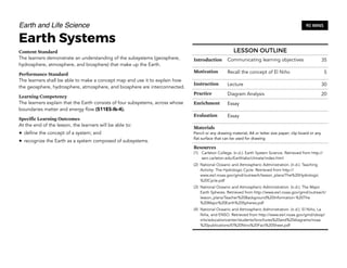 Earth and Life Science
Earth Systems
Content Standard
The learners demonstrate an understanding of the subsystems (geosphere,
hydrosphere, atmosphere, and biosphere) that make up the Earth.
Performance Standard
The learners shall be able to make a concept map and use it to explain how
the geosphere, hydrosphere, atmosphere, and biosphere are interconnected.
Learning Competency
The learners explain that the Earth consists of four subsystems, across whose
boundaries matter and energy flow (S11ES-Ib-4).
Specific Learning Outcomes
At the end of the lesson, the learners will be able to:
• define the concept of a system; and
• recognize the Earth as a system composed of subsystems.
36
90 MINS
LESSON OUTLINE
Introduction Communicating learning objectives 35
Motivation Recall the concept of El Niño 5
Instruction Lecture 30
Practice Diagram Analysis 20
Enrichment Essay
Evaluation Essay
Materials
Pencil or any drawing material; A4 or letter size paper; clip board or any
flat surface that can be used for drawing
Resources
(1) Carleton College. (n.d.). Earth System Science. Retrieved from http://
serc.carleton.edu/Earthlabs/climate/index.html
(2) National Oceanic and Atmospheric Administration. (n.d.). Teaching
Activity: The Hydrologic Cycle. Retrieved from http://
www.esrl.noaa.gov/gmd/outreach/lesson_plans/The%20Hydrologic
%20Cycle.pdf
(3) National Oceanic and Atmospheric Administration. (n.d.). The Major
Earth Spheres. Retrieved from http://www.esrl.noaa.gov/gmd/outreach/
lesson_plans/Teacher%20Background%20Information-%20The
%20Major%20Earth%20Spheres.pdf
(4) National Oceanic and Atmospheric Administration. (n.d.). El Niño, La
Niña, and ENSO. Retrieved from http://www.esrl.noaa.gov/gmd/obop/
mlo/educationcenter/students/brochures%20and%20diagrams/noaa
%20publications/El%20Nino%20Fact%20Sheet.pdf
 