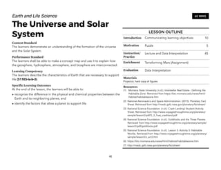 Earth and Life Science
The Universe and Solar
System
Content Standard
The learners demonstrate an understanding of the formation of the universe
and the Solar System.
Performance Standard
The learners shall be able to make a concept map and use it to explain how
the geosphere, hydrosphere, atmosphere, and biosphere are interconnected.
Learning Competency
The learners describe the characteristics of Earth that are necessary to support
life (S11ES-Ia-b-3).
Specific Learning Outcomes
At the end of the lesson, the learners will be able to:
• recognize the difference in the physical and chemical properties between the
Earth and its neighboring planes; and
• identify the factors that allow a planet to support life.
45
60 MINS
LESSON OUTLINE
Introduction Communicating learning objectives 10
Motivation Puzzle 5
Instruction/
Practice
Lecture and Data Interpretation 45
Enrichment Terraforming Mars (Assignment)
Evaluation Data Interpretation
Materials
Projector; hard copy of figures
Resources
(1) Montana State University. (n.d.). Interstellar Real Estate - Defining the
Habitable Zone. Retrieved from https://btc.montana.edu/ceres/html/
Habitat/habitablezone.htm
(2) National Aeronautics and Space Administration. (2015). Planetary Fact
Sheet. Retrieved from http://nssdc.gsfc.nasa.gov/planetary/factsheet/
(3) National Science Foundation. (n.d.). Crash Landing! Student Activity
Sheet. Retrieved from http://www.voyagesthroughtime.org/planetary/
sample/lesson5/pdf/5_3_1sas_crashland.pdf
(4) National Science Foundation. (n.d.). Goldilocks and the Three Planets.
Retrieved from http://www.voyagesthroughtime.org/planetary/sample/
lesson5/pdf/goldilocks.pdf
(5) National Science Foundation. (n.d.). Lesson 5: Activity 3: Habitable
Worlds. Retrieved from http://www.voyagesthroughtime.org/planetary/
sample/lesson5/z_act3.htm
(6) https://btc.montana.edu/ceres/html/Habitat/habitablezone.htm
(7) http://nssdc.gsfc.nasa.gov/planetary/factsheet/
 