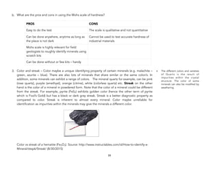 b. What are the pros and cons in using the Mohs scale of hardness?
3. Color and streak – Color maybe a unique identifying property of certain minerals (e.g. malachite –
green, azurite – blue). There are also lots of minerals that share similar or the same color/s. In
addition, some minerals can exhibit a range of colors. The mineral quartz for example, can be pink
(rose quartz), purple (amethyst), orange (citrine), white (colorless quartz) etc. Streak on the other
hand is the color of a mineral in powdered form. Note that the color of a mineral could be different
from the streak. For example, pyrite (FeS2) exhibits golden color (hence the other term of pyrite
which is Fool’s Gold) but has a black or dark gray streak. Streak is a better diagnostic property as
compared to color. Streak is inherent to almost every mineral. Color maybe unreliable for
identification as impurities within the minerals may give the minerals a different color.
Color vs streak of a hematite (Fe2O3). Source: http://www.instructables.com/id/How-to-identify-a-
Mineral/step6/Streak/ (8/30/2015)
59
PROS CONS
Easy to do the test The scale is qualitative and not quantitative
Can be done anywhere, anytime as long as
the place is not dark
Cannot be used to test accurate hardness of
industrial materials
Mohs scale is highly relevant for field
geologists to roughly identify minerals using
scratch kits
Can be done without or few kits – handy
• The different colors and varieties
of Quartz is the result of
impurities within the crystal
structure. The color of some
minerals can also be modified by
weathering.
 