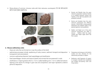 • Show photos of common intrusive rocks with their extrusive counterparts (TO BE REPLACED
WITH OUR OWN SAMPLES):
2. Discuss sedimentary rocks
- these are rocks that are formed at or near the surface of the Earth
- sedimentary processes include: weathering of rocks, erosion, sediment transport and deposition
(compaction and cementation)
- common sedimentary features: fossil assemblages and stratification
- fossil assemblages: remains and traces of plants and animals that are preserved in rocks
- stratification or layering (strata which is >1cm is called bedding and < 1cm is called lamination):
layering is the result of a change in grain size and composition; each layer represents a distinct
period of deposition
71
• Granite and Rhyolite have the same
chemical composition however Granite
on le exhibits phaneritic texture and
rhyolite on the right has aphanitic and
porphyritic textures.
• Diorite and Andesite have the same
chemical composition but different
textures. Diorite (left) is coarse grained
(phaneritic) and andesite (right) is fine
grained (aphanitic and porphyritic).
• Gabbro and Basalt are of the same
chemical composition but differ in
texture. Gabbro (left) has larger
crystals than basalt (right) which has
finer crystals.
• Temperature and pressure at the Earth’s
surface are low, allowing for the
sedimentary processes to happen
• Sediments: solid fragments of organic
or inorganic materials from weathered
and eroded pre-existing rocks and
living matters
 