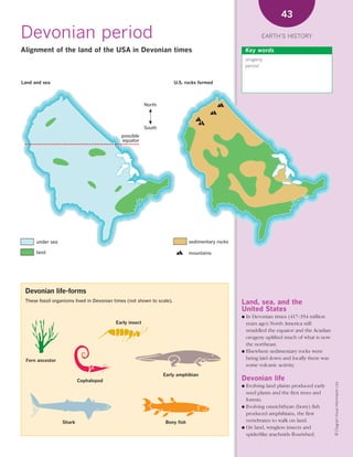 *02 Earths history (26-56).qxd        12/12/08    11:07 AM      Page 43




                                                                                                                           43

      Devonian period                                                                                               EARTH’S HISTORY

      Alignment of the land of the USA in Devonian times                                                      Key words
                                                                                                              orogeny
                                                                                                              period


       Land and sea                                                            U.S. rocks formed



                                                                North



                                                                South
                                                    possible
                                                    equator




             under sea                                                                sedimentary rocks

             land                                                                     mountains




        Devonian life-forms
        These fossil organisms lived in Devonian times (not shown to scale).                              Land, sea, and the
                                                                                                          United States
                                                                                                          ● In Devonian times (417–354 million
                                                 Early insect                                               years ago) North America still
                                                                                                            straddled the equator and the Acadian
                                                                                                            orogeny uplifted much of what is now
                                                                                                            the northeast.
                                                                                                          ● Elsewhere sedimentary rocks were

        Fern ancestor                                                                                       being laid down and locally there was
                                                                                                            some volcanic activity.
                                                                        Early amphibian
                                 Cephalopod                                                               Devonian life
                                                                                                                                                    © Diagram Visual Information Ltd.




                                                                                                          ● Evolving land plants produced early
                                                                                                            seed plants and the first trees and
                                                                                                            forests.
                                                                                                          ● Evolving osteichthyan (bony) fish
                                                                                                            produced amphibians, the first
                         Shark                                            Bony fish                         vertebrates to walk on land.
                                                                                                          ● On land, wingless insects and
                                                                                                            spiderlike arachnids flourished.
 