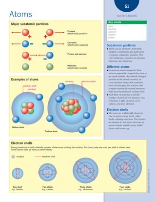 *03 Earths rocks (57-106).qxd            12/12/08   11:09 AM   Page 61




                                                                                                                                    61

      Atoms                                                                                                                  EARTH’S ROCKS

                                                                                                                  Key words
        Major subatomic particles
                                                                                                                  atom
                                                                                                                  electron
                                                                    Protons                                       element
                                                                    (electrically positive)
                                                                                                                  neutron
                                                                                                                  proton

                                                                    Electrons
                                                                    (electrically negative)                   Subatomic particles
                                                                                                              ●   Atoms are an element’s indivisibly
                                                                                                                  smallest constituents, but each atom
                                                                    Proton and electron                           comprises subatomic particles. The
                                                                                                                  chief subatomic particles are protons,
                                                                                                                  electrons, and neutrons.

                                                                    Neutrons
                                                                    (electrically neutral)                    Different atoms
                                                                                                              ● In an atom, electromagnetic force
                                                                                                                attracts negatively charged electrons to
                                                                                                                an equal number of positively charged
        Examples of atoms                                                                                       protons in the atomic nucleus. In
                                                                  nucleus           electron shells             every element except the common
                        electron shell                                                                          form of hydrogen, the nucleus also
                             nucleus                                                                            contains electrically neutral neutrons,
                                                                                                                held there by powerful nuclear force.
                                                                                                              ● Each kind of atom has a specific
                                                                                                                number of protons: for instance, two
                                                                                                                in helium, a light element; six in
                                                                                                                carbon, a heavier element.

                                                                                                              Electron shells
                                                                                                              ●   Electrons are traditionally shown in
                                                                                                                  one or more energy levels called
                                                                                                                  shells, orbiting a nucleus. The heavier
                                                                                                                  an element is, the more electrons its
                                                                                                                  atoms contain and the more shells
         Helium atom
                                                                                                                  these tend to occupy.
                                              Carbon atom




        Electron shells
        Energy levels each hold a definite number of electrons orbiting the nucleus. For clarity only one orbit per shell is shown here.
        Some atoms have as many as seven shells.


              nucleus                      electron orbit
                                                                                                                                                            © Diagram Visual Information Ltd.




          One shell                        Two shells                            Three shells                                  Four shells
         e.g., helium                      e.g., carbon                         e.g., aluminum                                e.g., calcium
 