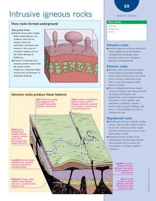 *03 Earths rocks (57-106).qxd          12/12/08     11:09 AM   Page 69




                                                                                                                            69

      Intrusive igneous rocks                                                                                       EARTH’S ROCKS

                                                                                                            Key words
        Fiery rocks formed underground
                                                                                                            batholith
                                                                                                            hypabyssal
        How granite forms
                                                                                                            pluton
        ● Granite forms when molten
          blobs called plutons rise,
          coalesce, and cool as
          masses known as
          batholiths—immense rock                                                                       Intrusive rocks
          masses in the cores of                                                                        ●   Intrusive igneous rocks are produced
          mountain ranges such as                                                                           where magma cools and hardens
          the Sierra Nevada of                                                                              underground. Geologists place
          California.                                                                                       intrusive rocks in two categories:
        ● Erosion of overlying rock                                                                         plutonic and hypabyssal.
          exposes granite masses like
          the domes above                                                                               Plutonic rocks
          California’s Yosemite Valley                                                                  ● Plutonic rocks include great masses
          and the tors of Dartmoor in                                                                     formed deep in mountain-building
          southwest England.                                                                              zones: some develop from the partial
                                                                                                          fusion of lower continental crust;
                                                                                                          others come from magma rising
                                                                                                          from the mantle.
                                                                                                        ● Slow cooling produces big mineral
                                                                                                          crystals, forming coarse-textured rocks
        Intrusive rocks produce these features                                                            including (acid) granite and
                                                                                                          granodiorite; (intermediate) syenite
                                     Sill A sheet of usually             Dike A wall of usually basic     and diorite; (basic) gabbro; and
                                     basic igneous rock                  igneous rock, such as
                                     intruded horizontally               diabase (dolerite), injected     (ultrabasic) peridotite. Granite—
                                     between rock layers.                up through a vertical crack      mainly made of quartz, feldspar, and
                                                                         in preexisting rock.             mica—is the chief igneous rock of
                                                                                                          continental crust.

                                                                                                        Hypabyssal rocks
                                                                                                        ● Hypabyssal rocks are relatively smaller
                                                                                                          masses, that are often strips or sheets.
                                                                                                          Such rocks cooled at a lesser depth
        Stock Like a
        batholith but
                                                                                                          and faster than plutonic rock, so they
        smaller, with an                                                                                  hold smaller crystals.
        irregular surface                                                                               ● Hypabyssal rocks include (acid)
        area under
        40 square miles
                                                                                                          microgranite and microgranodiorite;
        (about 100 km2).                                                                                  (intermediate) microsyenite and
                                                                                                          microdiorite; and (basic) diabase
                                                                                                           (dolerite).



        Laccolith A lens-shaped,
        usually acidic, igneous
                                                                                                                  Lopolith A saucer-
        intrusion that domes
                                                                                                                    shaped intrusion
        overlying strata.
                                                                                                                 between rock strata;
                                                                                                                                                     © Diagram Visual Information Ltd.




                                                                                                                 can be hundreds of
                                                                                                                       miles across.


        Batholith A huge, deep-                                                                                          Boss A small
        seated, dome-shaped                                                                                          circular-surfaced
        intrusion, usually of acid                                                                                  igneous intrusion
        igneous rock.                                                                                              less than 16 miles
                                                                                                                      (26 km) across.
 
