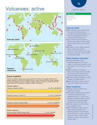 *03 Earths rocks (57-106).qxd         12/12/08       11:09 AM        Page 71




                                                                                                                                    71

      Volcanoes: active                                                                                                    EARTH’S ROCKS

                                                                                                                  Key words
                                                                                                                  lithosphere
                                                                                                                  plate tectonics
                                                                                                                  volcano




                                                                                                              Volcanic belts
                                                                                                              ● Most volcanoes occur in belts along
                                                                                                                the edges of the lithospheric or
                                                                                                                tectonic plates that form Earth’s crust.
                                                                                                                The most notable belt is the one
                                                                                                                around the Pacific Ocean rim.
        Volcanic belts                                                                                        ● A less obvious one lies along the
                                                                                                                bottom of the Atlantic Ocean, visible
                                                                                                                on the surface only as a few volcanic
                                                     Laki, Iceland                                              islands.
                                                                                                              ● Rift valleys—cracks within a tectonic

           Katmai, Alaska                                                                                       plate—are also key locations.
                                                             Vesuvius, Italy                                    However, some volcanoes occur away
                                                                                         Mount Fuji, Japan      from lines of tectonic activity, notably
       Mauna Loa, Hawaii                    Faial Island, Azores                                                the Hawaiian Islands.

                    Paricutín, Mexico                                                                         Some famous volcanoes
                                                                                                              ● Volcanoes generally achieve
                                                                                Rakata (Krakatau)               prominence because of the great
                                                                                                                violence of their past eruptions, or for
                                                                                                                their height, or for the beauty of their
                                                                                                                shape.
        Famous                        Villarrica, Chile
                                                                                                              ● Rakata (Krakatau), Indonesia, is
        volcanoes
                                                                                                                famous for its huge eruption of 1883,
                                                                                                                and Vesuvius for its destruction of
                                                                                                                Pompeii and Herculaneum in 79 CE.
        Great eruptions                                                                                       ● Mauna Loa, Hawaii, is famous as a fine
        Volcanic eruptions release very large quantities of energy. This graph compares the                     example of a shield volcano.
        energy released by three of the largest known volcanic events with the energy released
        by the most powerful nuclear explosion. Energy release is shown in Joules (J) and the                 ● Mount Fuji, Japan, is famous for the
        approximate TNT equivalent in megatons (Mt) is also given.                                              beauty of its classic conical shape.

        Volcanic eruptions
                                                                                                              Great eruptions
        Tambora, Indonesia (1815)                                                    8 x 1019 J (20,000 Mt)
                                                                                                              ● Volcanic eruptions release huge
                                                                                                                quantities of energy.
                                                                                                              ● The energy released by the eruptions
                                                                                                                of Tambora, Indonesia (1815),
        Santorini, Greece (c. 1470   BCE)                                            6 x 1019 J (7,500 Mt)
                                                                                                                Santorini, Greece (c. 1470 BC), and
                                                                                                                Krakatau, Indonesia (1883) exceeded
                                                                                                                that released in hydrogen bombs
        Krakatau, Indonesia (August 1883)                                          3 x 1018 J (1,500 Mt)
                                                                                                                exploded by the USA and USSR.
                                                                                                              ● Volcanic eruptions can also release
                                                                                                                                                           © Diagram Visual Information Ltd.




                                                                                                                vast quantities of rock.
                                                                                                              ● About 600,000 years ago, the last

        Nuclear explosions
                                                                                                                major eruption at Yellowstone,
                                                                                                                Wyoming, released some 240 cubic
        Novaya Zemlya, USSR (October 1961)                                     3 x 1017 J (60 Mt)
                                                                                                                miles (1,000 km3) of rock, compared
                                                                                                                to 36 cubic miles (150 km3) from
                                                                                                                Tambora’s eruption, the greatest in
                                                                                                                modern times.
 