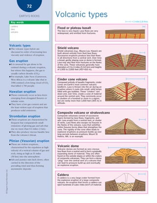 *03 Earths rocks (57-106).qxd                                            12/12/08    11:09 AM   Page 72




                                                            72

                                                      EARTH’S ROCKS                     Volcanic types
                                            Key words                                                                                          = 1 mile (1.6 km)

                                            caldera
                                            lava                                          Flood or plateau basalt
                                                                                          The lava is very liquid. Lava flows are very
                                            volcano
                                                                                          widespread, and emitted from fractures.




                                        Volcanic types
                                        ●   The volcanic types below are                  Shield volcano
                                                                                          Shield volcanoes (e.g., Mauna Loa, Hawaii) are
                                            discussed in order of increasing lava
                                                                                          built almost entirely from fluid lava flows.
                                            viscosity and violence of eruption.           Successive eruptions produce lava that flows
                                                                                          in all directions from a central vent. Over time
                                                                                          a broad, gently sloping cone or dome is formed.
                                        Gas eruption                                      Lava may also flow from fractures on the flanks
                                        ● It is unusual for gas alone to be               of the cone. These volcanoes generally have
                                          emitted during a volcanic eruption,             diameters of 3 to 4 miles (5–6.5 km) and heights
                                                                                          of 1,500 to 2,000 feet (457–610 m).
                                          but where this happens, the gas is
                                          usually carbon dioxide (CO2).
                                        ● For example, Lake Nyos (Cameroon,
                                          West Africa) is a volcanic lake that in         Cinder cone volcano
                                          1986 emitted a low-lying cloud of CO2           Composed entirely of basaltic fragments, cinder
                                                                                          cones are Earth's most common volcanic
                                          that killed 1,700 people.                       landform. Lava is thrown into the air during an
                                                                                          eruption where it cools into small, solid lumps
                                        Hawaiian eruption                                 filled with gas bubbles. These “cinders” rain
                                                                                          down and, over time, create a cone of material
                                        ● These commonly occur as lava rivers             around the central vent. They commonly occur
                                          emerging from elongated fissures or             in clusters of a hundred or more in a region,
                                          tubular vents.                                  but are rarely more than 1,000 feet (305 m) in
                                                                                          altitude.
                                        ● They have a low gas content and are
                                          the least violent type of eruption that
                                          produces solid emissions.
                                                                                          Composite volcano or stratovolcano
                                        Strombolian eruption                              Composite volcanoes consist of successive
                                                                                          layers formed by lava flows, fragments, and
                                        ● These eruptions are characterized by            ash. Lava erupts from a central vent, or cluster
                                          frequent but comparatively small                of vents. Lava flows also escape via fissures in
                                          emissions of glowing gas and ash that           the flanks of the volcano. Lava that solidifies
                                                                                          within fissures forms dikes that strengthen the
                                          rise no more than 0.6 miles (1 km).             cone. The rigidity of the cone often leads to
                                        ● They also produce viscous basaltic lava         explosive eruptions as pressure builds up over
                                          from the volcano’s throat.                      long periods between eruptions. Mount St
                                                                                          Helens, WA, is an example.

                                        Plinian (Vesuvian) eruption
                                        ● These are violent eruptions,
                                          characterized by the expulsion at high          Volcanic dome
                                                                                          Volcanic domes are formed as very viscous
                                          velocity of a vertical column of gas and        lava flows from a central vent to form a gradually
                                          rock, rising as high as 31 miles                expanding dome of material. They are often
                                          (50 km) into the atmosphere.                    found on the outside slopes or within the craters
                                                                                          of composite volcanoes. They can form a dense
                                        ● Ash and pumice rain back down, often
                                                                                          “plug” over the central vent of a volcano that
                                          carried in the direction of the                 can lead to pressure build-up and eventually
                                          prevailing wind and thus forming                an explosive eruption.
                                          asymmetric deposits.
    © Diagram Visual Information Ltd.




                                                                                          Caldera
                                                                                          A caldera is a very large crater formed from
                                                                                          the explosive eruption of a large composite
                                                                                          volcano. An eruption that forms a caldera can
                                                                                          eject hundreds of cubic miles (km3) of material.
 