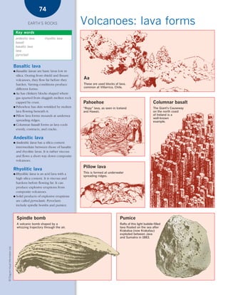 *03 Earths rocks (57-106).qxd                                             12/12/08      11:09 AM   Page 74




                                                             74

                                                     EARTH’S ROCKS                         Volcanoes: lava forms
                                            Key words
                                            andesitic lava       rhyolitic lava
                                            basalt
                                            basaltic lava
                                            lava
                                            pyroclast


                                        Basaltic lava
                                        ● Basaltic lavas are basic lavas low in
                                          silica. Oozing from shield and fissure
                                          volcanoes, they flow far before they               Aa
                                          harden. Varying conditions produce                 These are used blocks of lava,
                                                                                             common at Villarrica, Chile.
                                          different forms:
                                        ● Aa has clinkery blocks shaped where
                                          gas spurted from sluggish molten rock
                                          capped by crust.                                  Pahoehoe                                            Columnar basalt
                                        ● Pahoehoe has skin wrinkled by molten
                                                                                            “Ropy” lava, as seen in Iceland                     The Giant’s Causeway
                                          lava flowing beneath it.                          and Hawaii.                                         on the north coast
                                        ● Pillow lava forms mounds at undersea                                                                  of Ireland is a
                                                                                                                                                well-known
                                          spreading ridges.                                                                                     example.
                                        ● Columnar basalt forms as lava cools
                                          evenly, contracts, and cracks.

                                        Andesitic lava
                                        ●   Andesitic lava has a silica content
                                            intermediate between those of basaltic
                                            and rhyolitic lavas. It is rather viscous
                                            and flows a short way down composite
                                            volcanoes.
                                                                                            Pillow lava
                                        Rhyolitic lava
                                        ● Rhyolitic lava is an acid lava with a             This is formed at underwater
                                                                                            spreading ridges.
                                          high silica content. It is viscous and
                                          hardens before flowing far. It can
                                          produce explosive eruptions from
                                          composite volcanoes.
                                        ● Solid products of explosive eruptions
                                          are called pyroclasts. Pyroclasts
                                          include spindle bombs and pumice.


                                            Spindle bomb                                                              Pumice
                                            A volcanic bomb shaped by a                                               Rafts of this light bubble-ﬁlled
                                            whizzing trajectory through the air.                                      lava ﬂoated on the sea after
                                                                                                                      Krakatoa (now Krakatau)
                                                                                                                      exploded between Java
                                                                                                                      and Sumatra in 1883.
    © Diagram Visual Information Ltd.
 