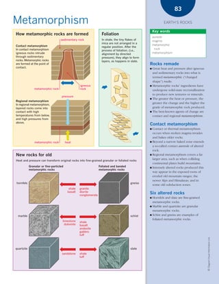 *03 Earths rocks (57-106).qxd          12/12/08         11:10 AM    Page 83




                                                                                                                                 83

      Metamorphism                                                                                                      EARTH’S ROCKS

                                                                                                                  Key words
        How metamorphic rocks are formed                                      Foliation
                                                                                                                  aureole
                                            sedimentary rock                  In shale, the tiny flakes of        magma
                                                                              mica are not arranged in a
        Contact metamorphism                                                                                      metamorphic
                                                                              regular position. After the
        In contact metamorphism                                                                                    rock
                                                                              process of foliation, (i.e.,
        igneous rocks intrude                                                 alignment by directed               metamorphism
        through sedimentary                                                   pressure), they align to form
        rocks. Metamorphic rocks                                              layers, as happens in slate.
        are formed at the point of                                                                            Rocks remade
        contact.                                                                                              ● Great heat and pressure alter igneous
                                                                                                                and sedimentary rocks into what is
                                                                                                                termed metamorphic (“changed
                                                                                                                shape”) rocks.
                                                             igneous                                          ● Metamorphic rocks’ ingredients have
                        metamorphic rock                     rock                                               undergone solid-state recrystallization
                                                                                                                to produce new textures or minerals.
                                            pressure
                                                                                                              ● The greater the heat or pressure, the
        Regional metamorphism
                                                                                                                greater the change and the higher the
        In regional metamorphism,
        layered rocks come into                                                                                 grade of metamorphic rock produced.
        contact with high                                                                                     ● The best-known agents of change are
        temperatures from below,                                                                                contact and regional metamorphism.
        and high pressures from
        above.
                                                                                                              Contact metamorphism
                                                                                                              ● Contact or thermal metamorphism
                                                                                                                occurs when molten magma invades
                                                                                                                and bakes older rocks.
                        metamorphic rock         heat                                                         ● Beyond a narrow baked zone extends
                                                                                                                a so-called contact aureole of altered
                                                                                                                rock.
        New rocks for old                                                                                     ● Regional metamorphism covers a far

        Heat and pressure can transform original rocks into fine-grained granular or foliated rocks
                                                                                                                larger area, such as when colliding
                                                                                                                continental plates build mountains.
                    Granular or fine-particled                             Foliated and banded                ● Intensely altered rocks produced this
                    metamorphic rocks                                      metamorphic rocks
                                                                                                                way appear in the exposed roots of
                                                                                                                eroded old mountain ranges; the
                                                                                                                newer Alps and Himalayas; and in
         hornfels                                                                                   gneiss
                                                                                                                some old subduction zones.
                                                   shale    granite
                                                  basalt    diorite
                                                            conglomerate
                                                                                                              Six altered rocks
                                                                                                              ● Hornfels and slate are fine-grained
                                                                                                                metamorphic rocks.
                                                                                                              ● Marble and quartzite are granular
                                                                                                                metamorphic rocks.
          marble                                                                                    schist    ● Schist and gneiss are examples of
                                                                                                                foliated metamorphic rocks.
                                             limestone      shale
                                               dolomite     basalt
                                                            andesite
                                                            gabbro
                                                            tuff
                                                                                                                                                          © Diagram Visual Information Ltd.




        quartzite                                                                                   slate
                                             sandstone      shale
                                                            tuff
 