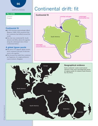*03 Earths rocks (57-106).qxd                                          12/12/08      11:10 AM   Page 86




                                                          86

                                                    EARTH’S ROCKS                       Continental drift: fit
                                            Key words
                                                                                         Continental fit
                                            continent                                                                               overlaps and gaps                submerged
                                            Pangaea                                                                                                                  continental rims




                                        Continental fit
                                        ● In 1915 German meteorologist Alfred
                                          Wegener (1880–1930) proposed that
                                          the continents had drifted around the
                                          world.                                                                    South America                           Africa
                                        ● One clue was continental fit: South
                                          America and Africa almost fit together
                                          along the submerged rims of their
                                          continental shelves.
                                                                                          submerged
                                                                                          continental rims
                                        A global jigsaw puzzle
                                        ● Like pieces of a gigantic jigsaw puzzle,
                                          most continents and part of Asia also
                                          seem to fit together.
                                        ● This boosted the belief that continents
                                          are fragments of a single prehistoric
                                          supercontinent, Pangaea.



                                                                                                      Europe                             Geographical evidence
                                                                                                                                         Some continents’ coasts would almost
                                                                                                                                         interlock if they were rearranged like pieces
                                                                                                                                         of a jigsaw puzzle. For instance, South America
                                                                                                                                         ﬁts into Africa.




                                                          North America
                                                                                                               Africa




                                                                                                                                          India
    © Diagram Visual Information Ltd.




                                                                                South America

                                                                                                                                        Antarctica

                                                                                                                                                                Australia
 