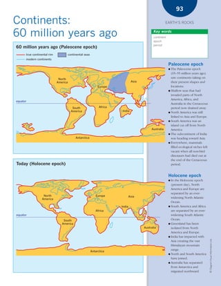 *03 Earths rocks (57-106).qxd        12/12/08     11:10 AM       Page 93




                                                                                                                          93

      Continents:                                                                                                EARTH’S ROCKS


      60 million years ago                                                                             Key words
                                                                                                       continent
                                                                                                       epoch
                                                                                                       period
        60 million years ago (Paleocene epoch)
              true continental rim             continental seas
              modern continents
                                                                                                                   Paleocene epoch
                                                                                                                   ● The   Paleocene epoch
                                                                                                                     (65–55 million years ago)
                                      North                                                                          saw continents taking on
                                     America                                             Asia                        their present shapes and
                                                                       Europe                                        locations.
                                                                                                                   ● Shallow seas that had
                                                                                                                     invaded parts of North
                                                                                                                     America, Africa, and
        equator
                                                                                                                     Australia in the Cretaceous
                                                  South                 Africa                                       period now drained away.
                                                 America                         India                             ● North America was still
                                                                                                                     linked to Asia and Europe.
                                                                                                                   ● South America was an
                                                                                                                     island cut off from North
                                                                                                     Australia       America.
                                                                                                                   ● The subcontinent of India
                                                    Antarctica                                                       was heading toward Asia.
                                                                                                                   ● Everywhere, mammals
                                                                                                                     filled ecological niches left
                                                                                                                     vacant when all non-bird
                                                                                                                     dinosaurs had died out at
                                                                                                                     the end of the Cretaceous
        Today (Holocene epoch)                                                                                       period.


                                                                                                                   Holocene epoch
                                                                                                                   ● In the Holocene epoch
                                                                                                                     (present day), North
                                                                                                                     America and Europe are
                                                                                                                     separated by an ever-
                          North                                      Europe          Asia
                         America                                                                                     widening North Atlantic
                                                                                                                     Ocean.
                                                                                 India                             ● South America and Africa
                                                                     Africa                                          are separated by an ever-
        equator                                                                                                      widening South Atlantic
                                          South                                                                      Ocean.
                                         America                                                                   ● Greenland has been
                                                                                                Australia            isolated from North
                                                                                                                     America and Europe.
                                                                                                                   ● India has impacted with
                                                                                                                                                     © Diagram Visual Information Ltd.




                                                                                                                     Asia creating the vast
                                                                                                                     Himalayan mountain
                                                                  Antarctica
                                                                                                                     range.
                                                                                                                   ● North and South America
                                                                                                                     have joined.
                                                                                                                   ● Australia has separated
                                                                                                                     from Antarctica and
                                                                                                                     migrated northward.
 