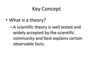 Key ConceptWhat is a theory?A scientific theory is well tested and widely accepted by the scientific community and best explains certain observable facts.