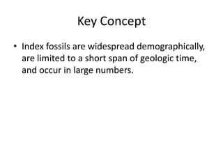 Key Concept
• Index fossils are widespread demographically,
are limited to a short span of geologic time,
and occur in large numbers.
