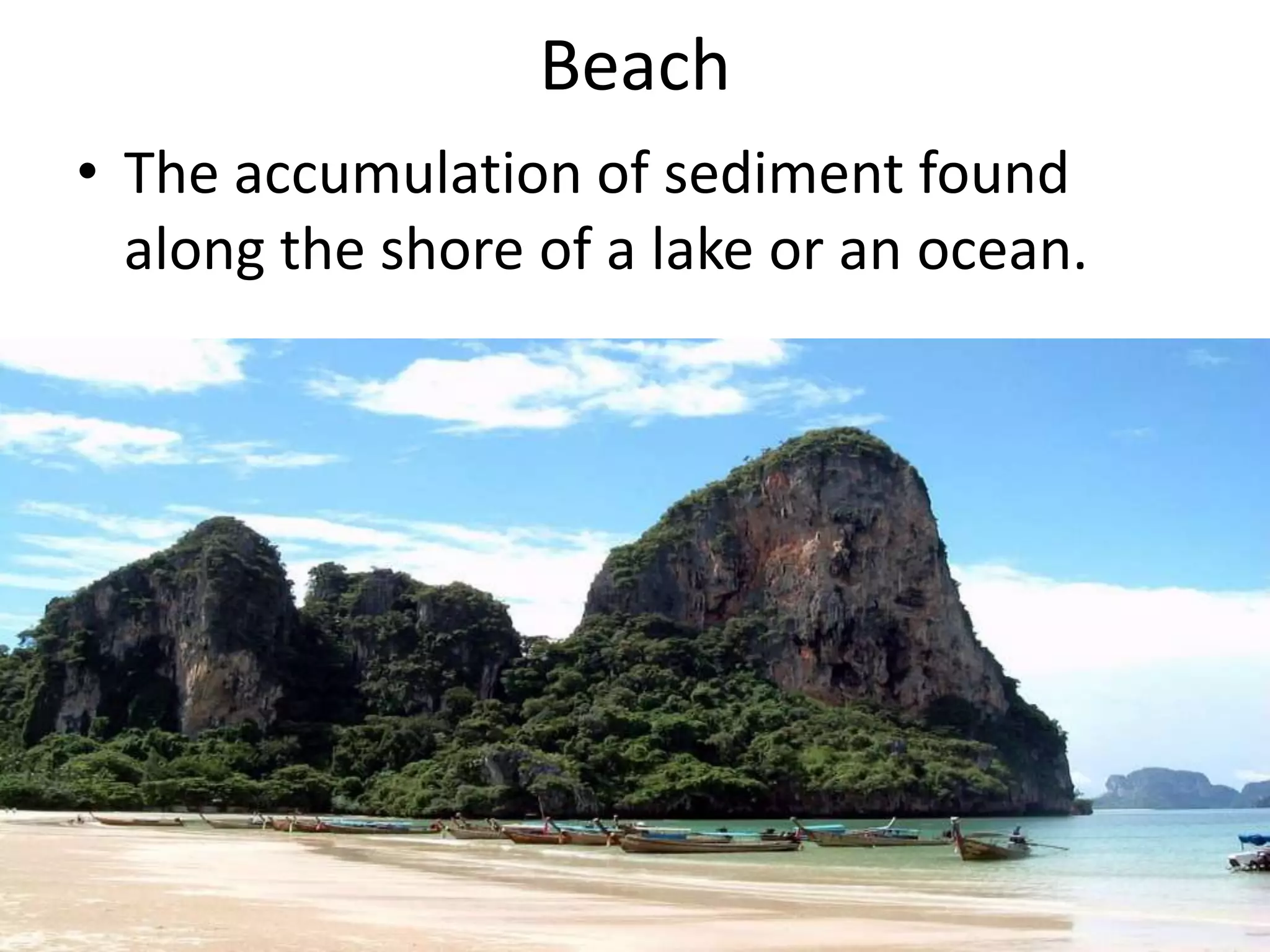 BeachThe accumulation of sediment found along the shore of a lake or an ocean.