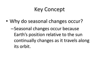 Key ConceptWhy do seasonal changes occur?Seasonal changes occur because Earth’s position relative to the sun continually changes as it travels along its orbit.