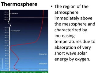 Thermosphere The region of the atmosphere immediately above the mesosphere and characterized by increasing temperatures due to absorption of very short wave solar energy by oxygen. 