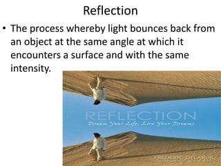 ReflectionThe process whereby light bounces back from an object at the same angle at which it encounters a surface and with the same intensity.