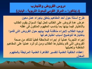 ‫والتجارب‬ ‫الفروض‬ ‫دروس‬
(‫د‬.‫إيتاكورا‬–‫التربوية‬ ‫للبحوث‬ ‫القومى‬ ‫المركز‬-‫اليابان‬)
•‫معين‬ ‫عمل‬ ‫بإجراء‬ ‫يتعلق‬ ‫المفاهيم‬ ‫أحد‬ ‫حول‬ ‫أسئلة‬ ‫طرح‬
•‫الطالب‬ ‫على‬ ‫فروض‬ ‫عدة‬ ‫عرض‬‫يقوم‬ ‫السإال‬ ‫لهذا‬ ‫كحل‬‫الطالب‬
‫عقله‬ ‫فى‬ ‫المتكون‬ ‫المفهوم‬ ‫يناسب‬ ‫بما‬ ‫بينها‬ ‫فيما‬ ‫بالختيار‬
•‫مناقشة‬ ‫إلجراء‬ ‫الطالب‬ ‫توجيه‬‫فيما‬‫قاموا‬ ‫التى‬ ‫الفروض‬ ‫حول‬ ‫بينهم‬
‫لها‬ ‫اختيارهم‬ ‫أسباب‬ ‫لتوضيح‬ ‫باختيارها‬
•‫صحة‬ ‫من‬ ‫للتؤكد‬ ‫ا‬‫ا‬‫فعلي‬ ‫المالحظة‬ ‫إجراء‬ ‫أو‬ ‫ا‬‫ا‬‫عملي‬ ‫التجربة‬ ‫إجراء‬
‫المفاهيم‬ ‫على‬ ‫ا‬‫ا‬‫عملي‬ ‫الرد‬ ‫ثم‬ ‫ومن‬ ‫الطالب‬ ‫باختيارها‬ ‫قام‬ ‫التى‬ ‫الفروض‬
‫وتعديلها‬ ‫الخاطئة‬
•‫بالمفهوم‬ ‫المرتبطة‬ ‫العلمية‬ ‫الظاهرة‬ ‫لتفسير‬ ‫العلمية‬ ‫الخلفية‬ ‫إعطاء‬
‫المعدل‬.
 