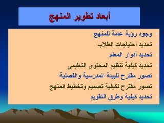 ‫المنهج‬ ‫تطوير‬ ‫أبعاد‬
•‫للمنهج‬ ‫عامة‬ ‫رؤية‬ ‫وجود‬
•‫الطالب‬ ‫احتياجات‬ ‫تحديد‬
•‫المعلم‬ ‫أدوار‬ ‫تحديد‬
•‫التعليمى‬ ‫المحتوى‬ ‫تنظيم‬ ‫كيفية‬ ‫تحديد‬
•‫والفصلية‬ ‫المدرسية‬ ‫للبيئة‬ ‫مقترح‬ ‫تصور‬
•‫المنهج‬ ‫وتخطيط‬ ‫تصميم‬ ‫لكيفية‬ ‫مقترح‬ ‫تصور‬
•‫التقويم‬ ‫وطرق‬ ‫كيفية‬ ‫تحديد‬
 