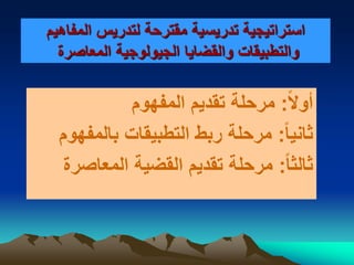 ‫المفاهيم‬ ‫لتدريس‬ ‫مقترحة‬ ‫تدريسية‬ ‫استراتيجية‬
‫المعاصرة‬ ‫الجيولوجية‬ ‫والقضايا‬ ‫والتطبيقات‬
‫ا‬‫ل‬‫أو‬:‫المفهوم‬ ‫تقديم‬ ‫مرحلة‬
‫ا‬‫ا‬‫ثاني‬:‫بالمفهوم‬ ‫التطبيقات‬ ‫ربط‬ ‫مرحلة‬
‫ا‬‫ا‬‫ثالث‬:‫المعاصرة‬ ‫القضية‬ ‫تقديم‬ ‫مرحلة‬
 