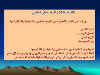 ‫الثالث‬ ‫النشاط‬:‫تعاونى‬ ‫عملى‬ ‫نشاط‬
‫و‬ ‫وتصنيفها‬ ‫الصخور‬ ‫أنواع‬ ‫بين‬ ‫للمقارنة‬ ‫الطالب‬ ‫عمل‬ ‫ورقة‬‫فق‬‫أل‬ ‫ا‬‫ا‬‫نواعها‬
‫الطالب‬ ‫أسم‬:
‫الدراسى‬ ‫الفصل‬:
‫العمل‬ ‫تاريخ‬:
‫المجموعة‬ ‫رقم‬:
‫الموضوع‬:‫لنوعها‬ ‫ا‬‫ا‬‫وفق‬ ‫وتصنيفها‬ ‫صخور‬ ‫عدة‬ ‫بين‬ ‫المقارنة‬
‫صخر‬ ‫كل‬ ‫بوضع‬ ‫وقم‬ ‫بينها‬ ‫وقارن‬ ‫المجموعة‬ ‫فى‬ ‫أمامك‬ ‫التى‬ ‫الصخرية‬ ‫العينات‬ ‫ألحظ‬
‫لخصائصه‬ ‫المالئم‬ ‫تصنيفه‬ ‫ا‬‫ا‬‫وفق‬ ‫اليها‬ ‫ينتمى‬ ‫التى‬ ‫الصخرية‬ ‫المجموعة‬ ‫تحت‬.
 