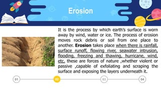Erosion
03 04
02
01
It is the process by which earth’s surface is worn
away by wind, water or ice. The process of erosion
moves rock debris or soil from one place to
another. Erosion takes place when there is rainfall,
surface runoff, flowing river, seawater intrusion,
flooding, freezing and thawing, hurricane, wind,
etc. these are forces of nature ,whether violent or
passive ,capable of exfoliating and scraping the
surface and exposing the layers underneath it.
 