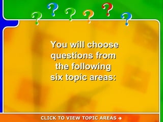 Choose from the following topics You will choose questions from  the following  six topic areas:   CLICK TO VIEW TOPIC AREAS   