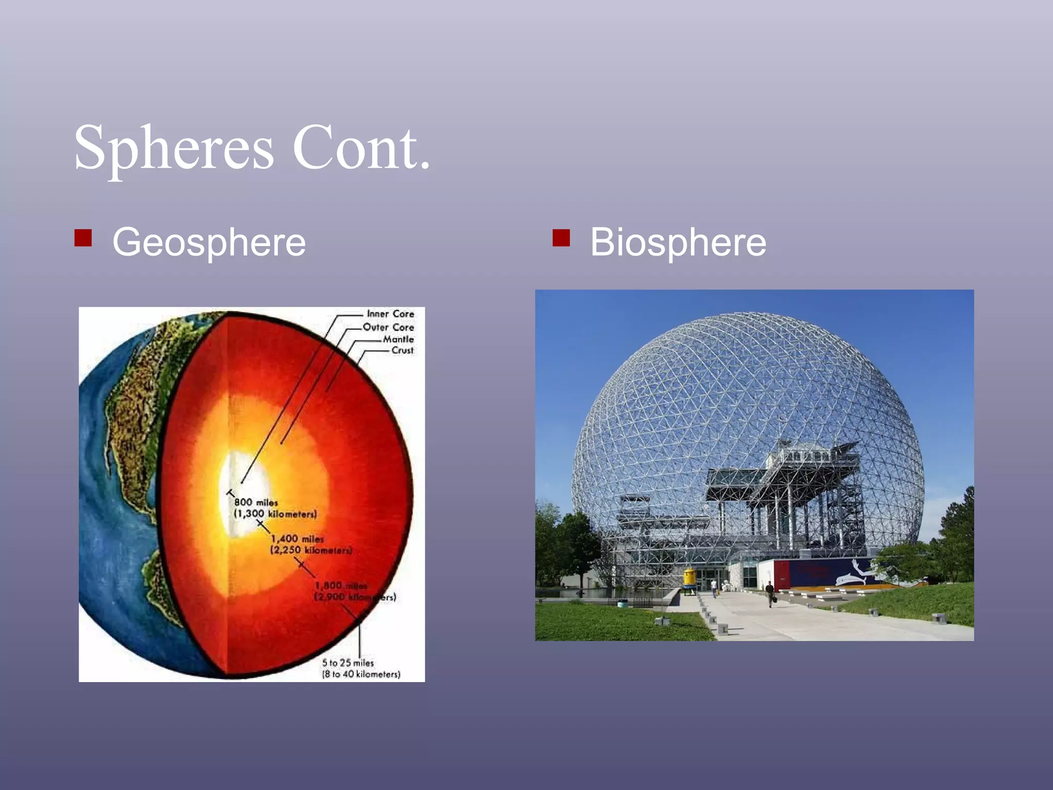 Spheres Cont.
 Geosphere  Biosphere
 